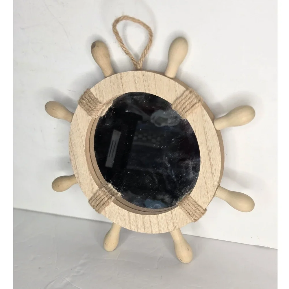 Nautical Ship Wheel Wood Wall Mirror Jute Rope Coastal Decor 11 Inch Natural